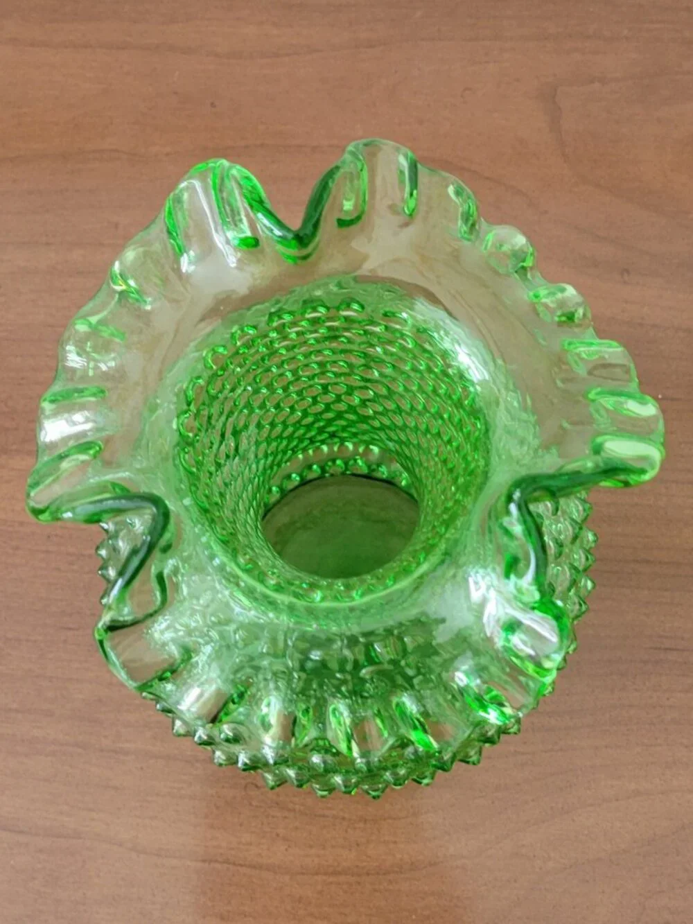 Vintage Fenton Green Hobnail Ruffled Vase 11” Art Glass Signed USA
